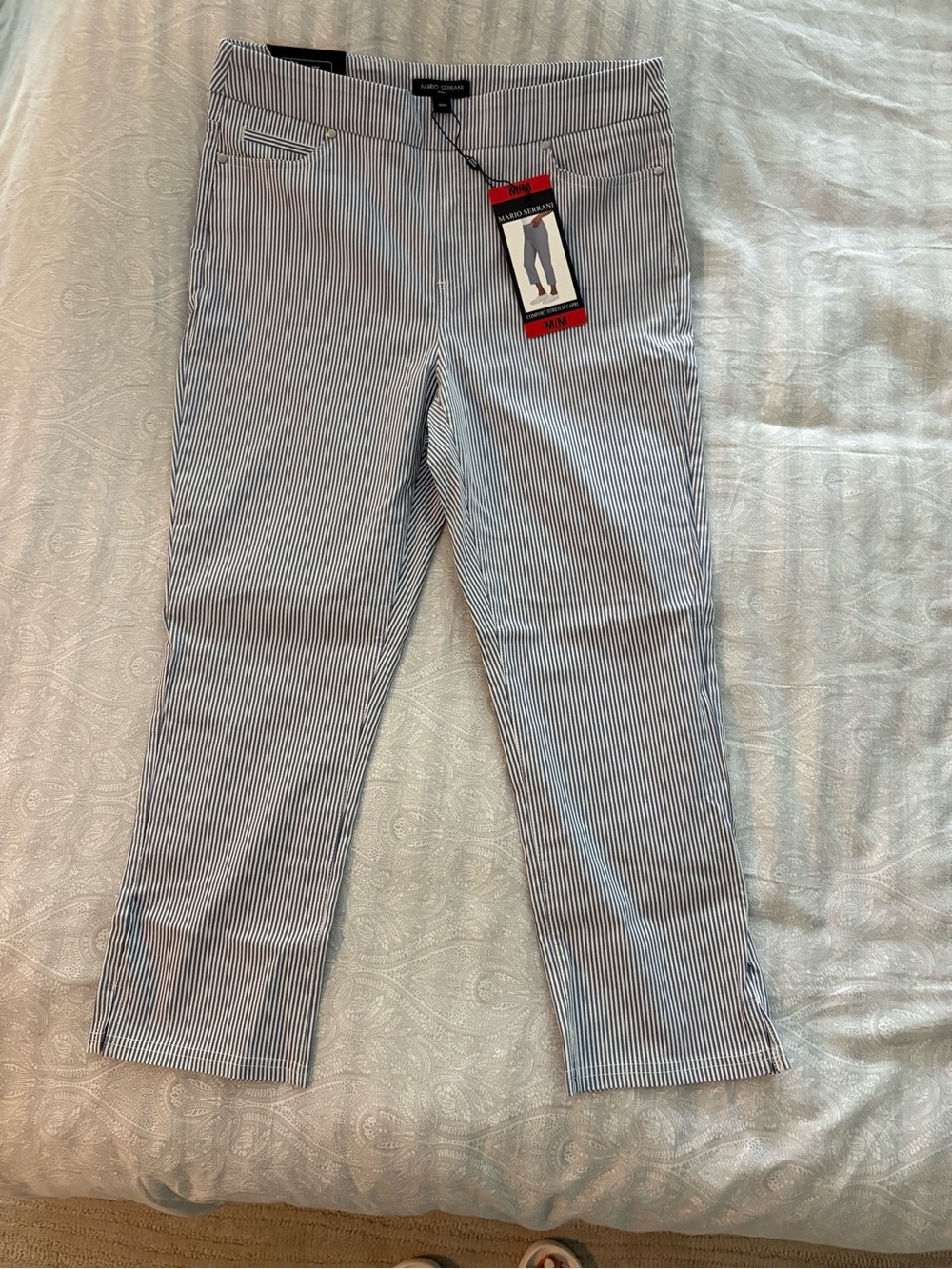 Blue and White Pinstripe Slim Crop Chinos